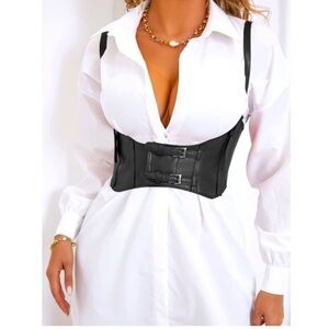 Womens Sexy Steampunk Vegan Black Leather Bustier Underbust Waist Belt Corset